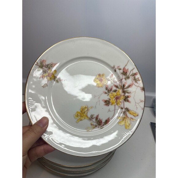 5 Antique Limoges SALAD Plates Yellow Flowers GOLD Edge 7" (Jean Pouyant) - Picture 2 of 14